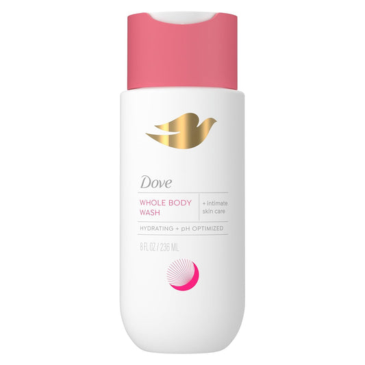 Dove whole body wash bottle, pink cap and white bottle with dove logo