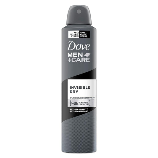 Aerosol anti-perspirant deodorant can with Dove Men+Care label and Invisible Dry badge