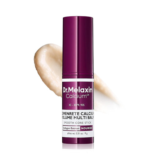 Dr.Melaxin calcium volume balm stick with pale cream swatch, purple cap