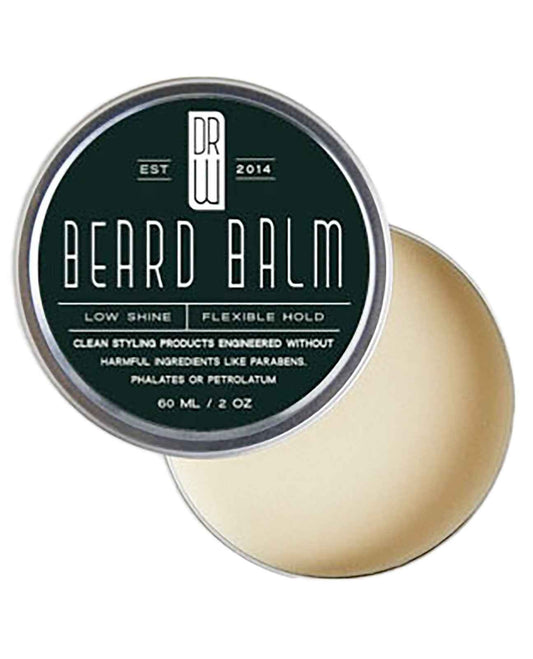 Beard balm tin lid with label and open cream-colored balm insert