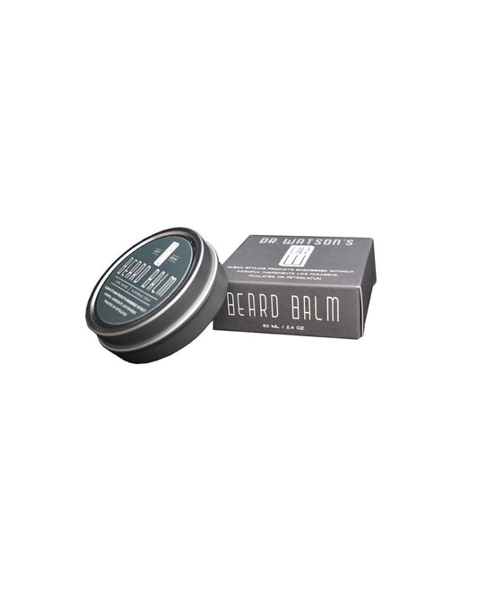 Beard balm tin and cardboard box with DR. Watson's Beard Balm label