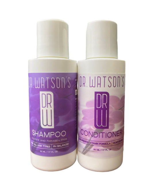 Dr. Watson's shampoo and conditioner sample bottles with purple labels and caps
