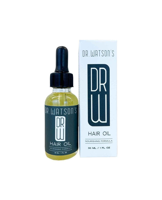 Hair oil bottle with black dropper and box, Dr. Watson's DR Hair Oil (1 oz)