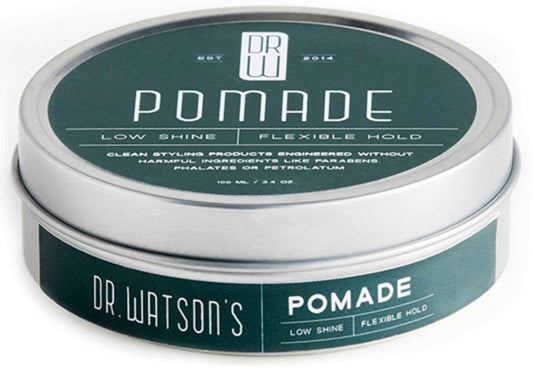 Dr. Watson's pomade tin, green label with low shine flexible hold details