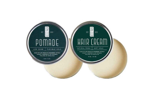 Pomade and hair cream tins, dark green round lids on beige tubs