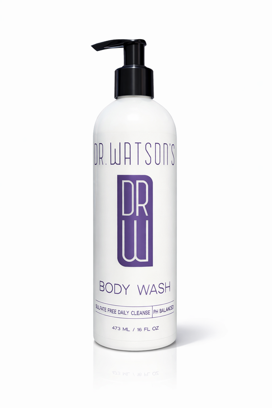 Body wash bottle with black pump, white bottle labeled Dr. Watson's Body Wash
