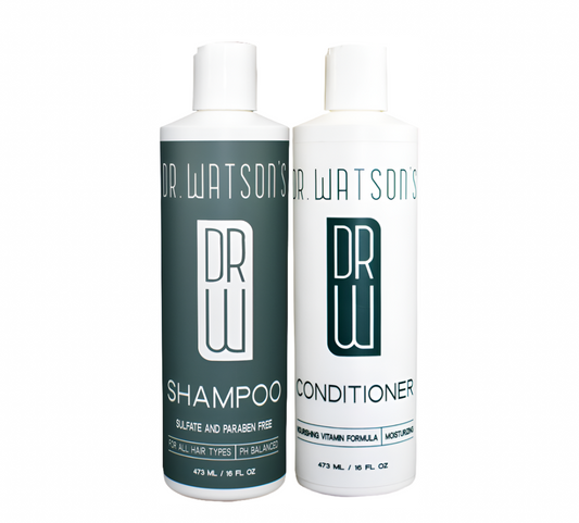 Dr. Watson's shampoo and conditioner duo bottles, front labels, 16 oz each