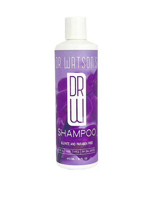 Shampoo bottle with purple label and white cap, front view