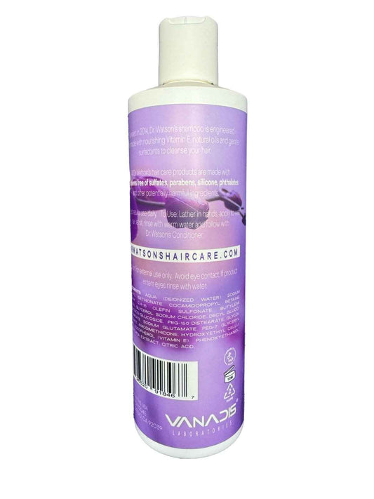 Shampoo bottle with purple back label and white cap, rear view
