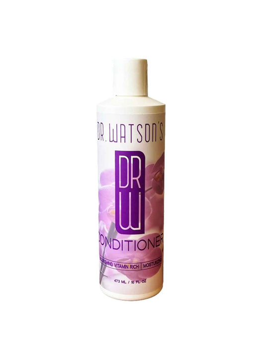 Dr. Watson's conditioner bottle with purple flower graphics, front label view