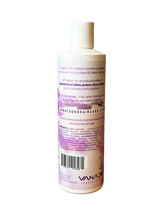 Dr. Watson's conditioner bottle with back label text, barcode and ingredients