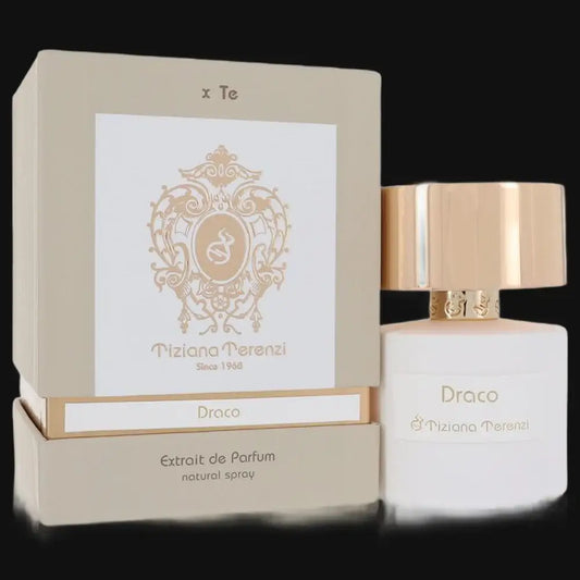 Draco extrait de parfum bottle and beige gift box with gold cap, by Tiziana Terenzi