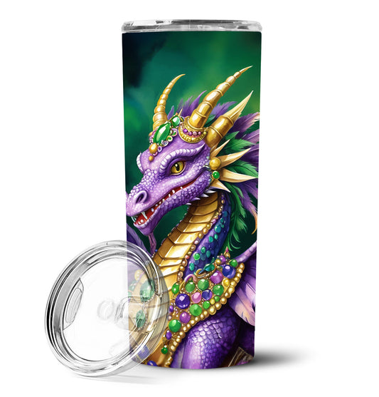 Stainless steel skinny tumbler with lid, open lid view, green and purple dragon face art