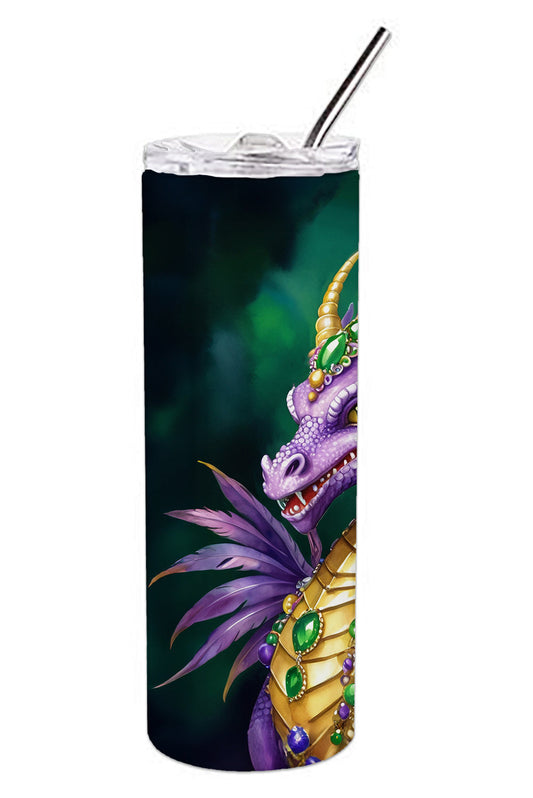 Stainless steel skinny tumbler with lid and straw, dark green and purple dragon illustration