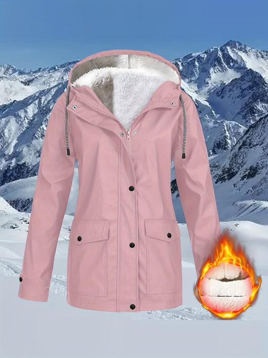 Pale pinkish gray hooded drawstring trench coat with sherpa-lined hood and snap pockets