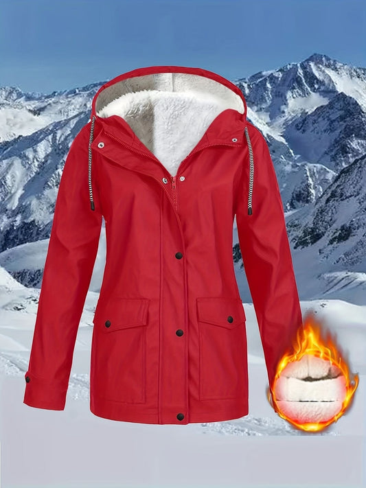 Red hooded drawstring trench coat with sherpa-lined hood and snap flap pockets