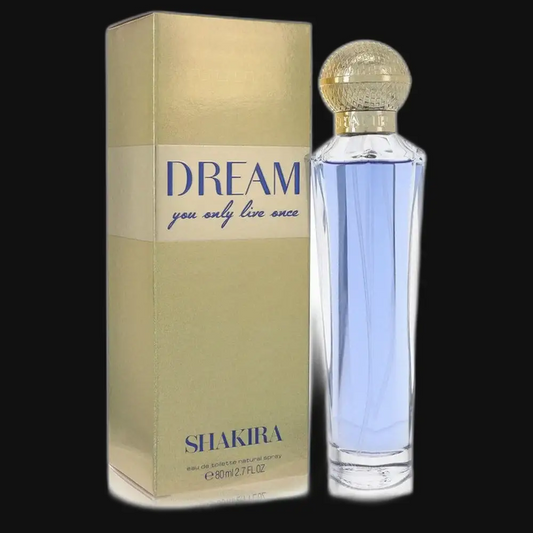 Women’s perfume bottle with gold cap and Dream label, plus matching box