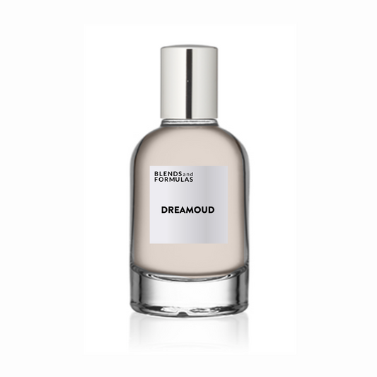 DreamOud perfume bottle with silver cap and beige glass body