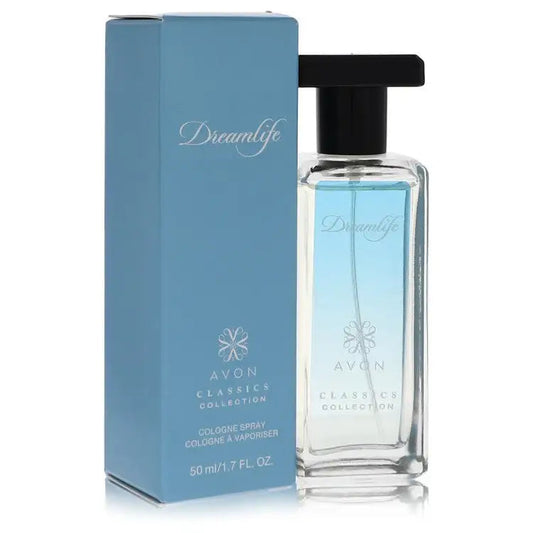 Women's cologne spray front view with blue box and clear bottle, black sprayer