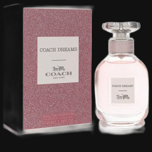 Coach Dreams women’s eau de parfum set: pink glass bottle with clear cap and matching box.