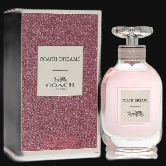 Coach Dreams women’s eau de parfum set: tall pink bottle with silver cap beside sparkle pink box.