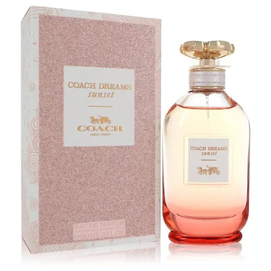Coach Dreams Sunset perfume set box and bottle, gold cap, pink glass