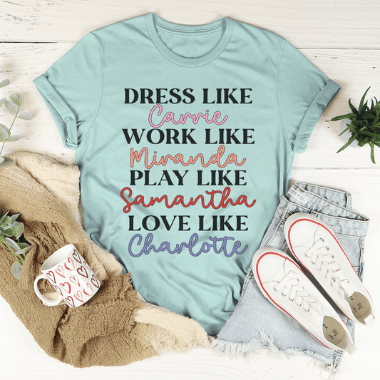 Dusty blue T-shirt, crew neck, with front 'Dress Like' text graphic