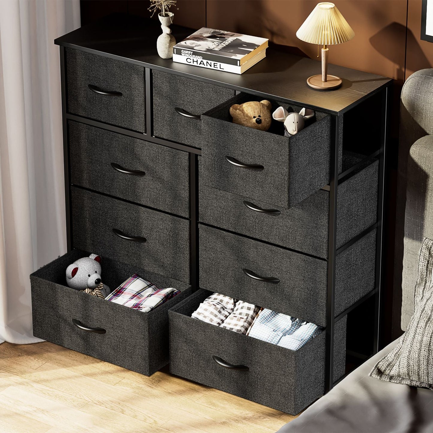 Dresser For Bedroom With 9 Fabric Storage Drawer Wardrobe Tall Chest Organizer Closet Adult Kids Clothes Cabinet Furniture - Renee Lane Company