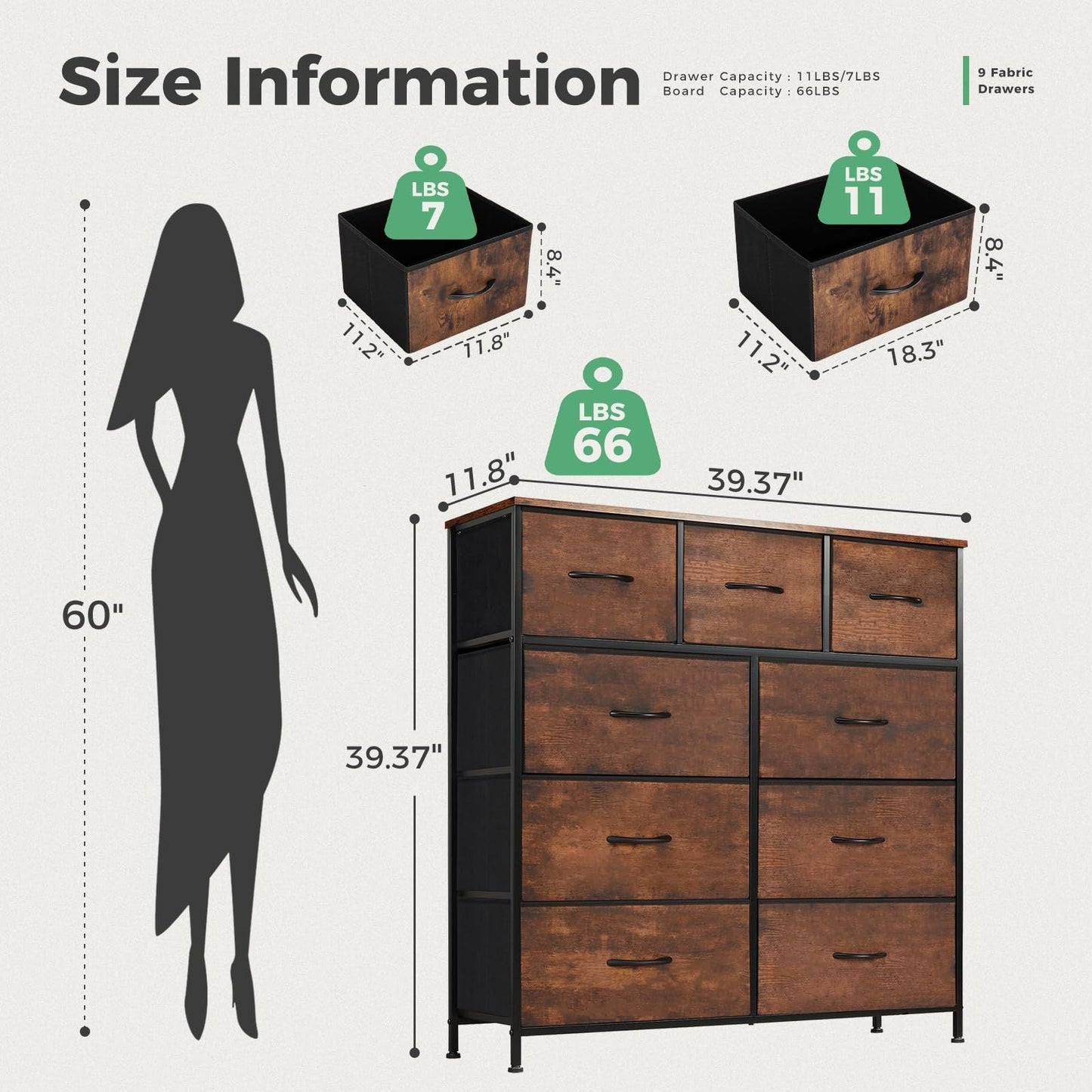 Dresser For Bedroom With 9 Fabric Storage Drawer Wardrobe Tall Chest Organizer Closet Adult Kids Clothes Cabinet Furniture - Renee Lane Company