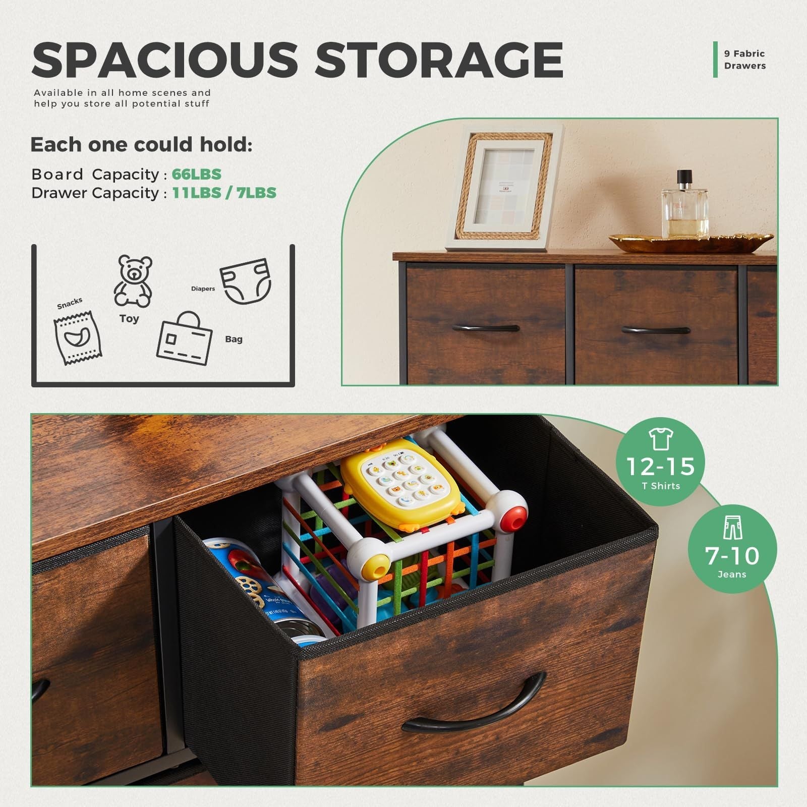 Dresser For Bedroom With 9 Fabric Storage Drawer Wardrobe Tall Chest Organizer Closet Adult Kids Clothes Cabinet Furniture - Renee Lane Company