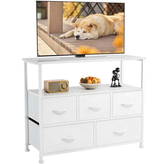 White fabric dresser chest with 5 drawers, metal legs, and open shelf for TV stand