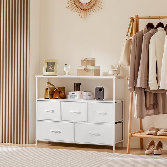 White storage cabinet dresser with multiple drawers and open shelf, fabric sides