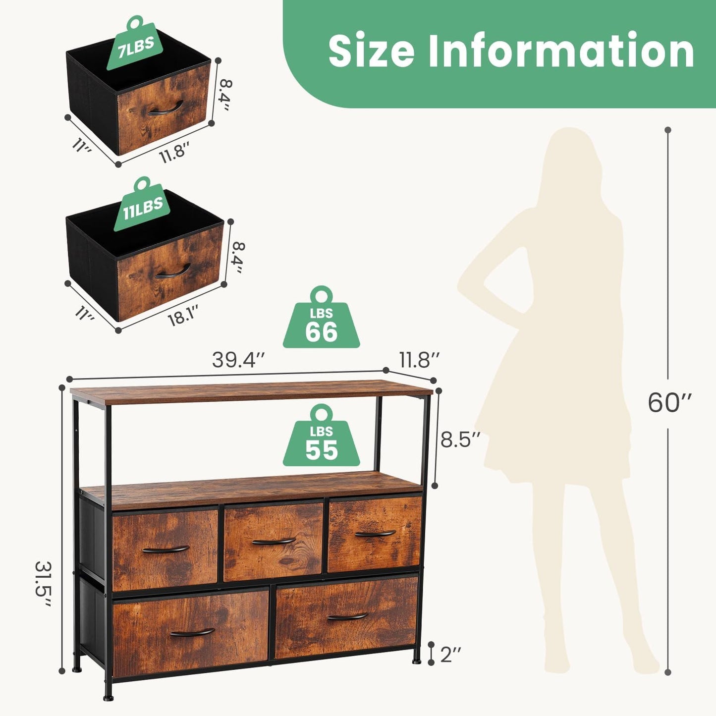 Dresser for Bedroom, Chest of Drawers, 5 Drawer Dresser, Closet Fabric Dresser with Metal Frame tv stand - Renee Lane Company
