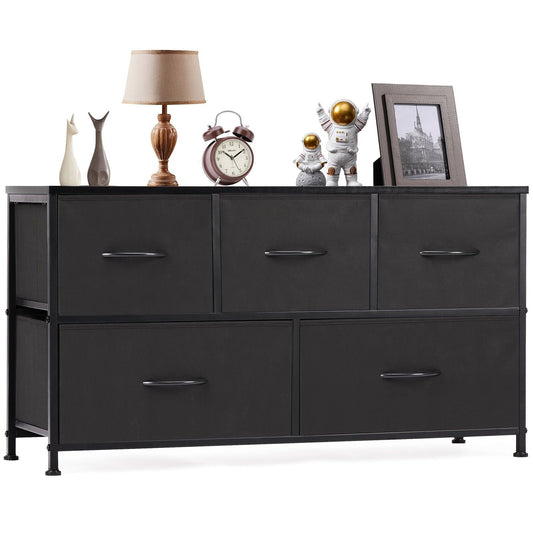 Dark gray fabric dresser with 5 drawers, arched metal handles, and raised legs