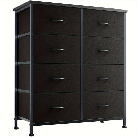 Tall dresser with eight drawers, dark fabric finish, metal legs.