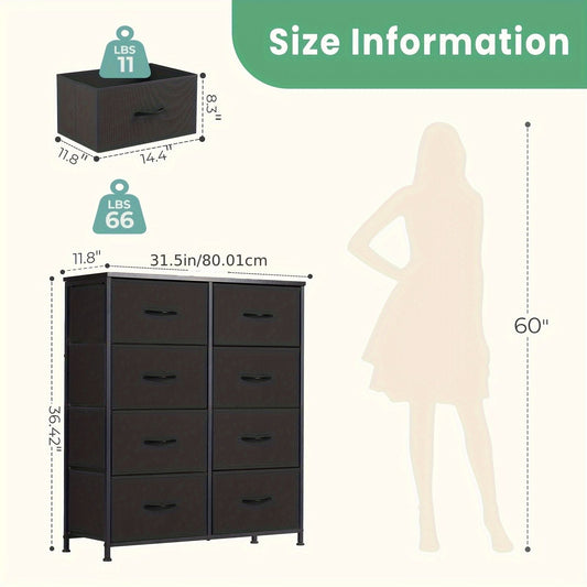 Tall dresser with eight drawers, dark fabric, metal legs, side view.