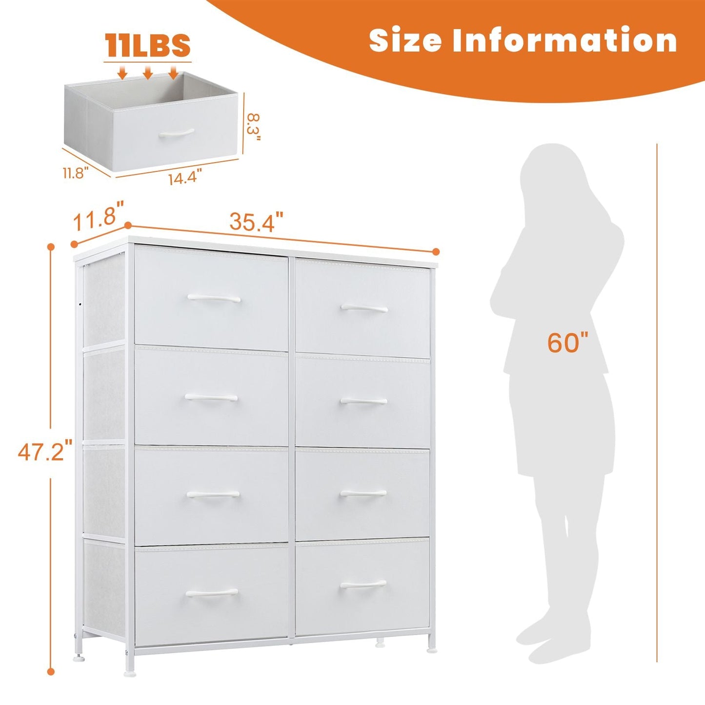 Dresser for Bedroom with 8 Drawers Tall Dresser & Chest of Drawers Fabric Dresser with Wood Top and Sturdy Steel Frame - Renee Lane Company