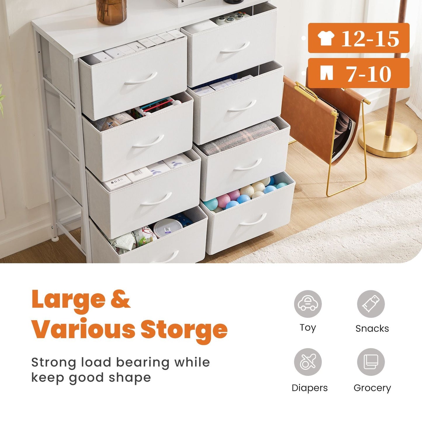 Dresser for Bedroom with 8 Drawers Tall Dresser & Chest of Drawers Fabric Dresser with Wood Top and Sturdy Steel Frame - Renee Lane Company