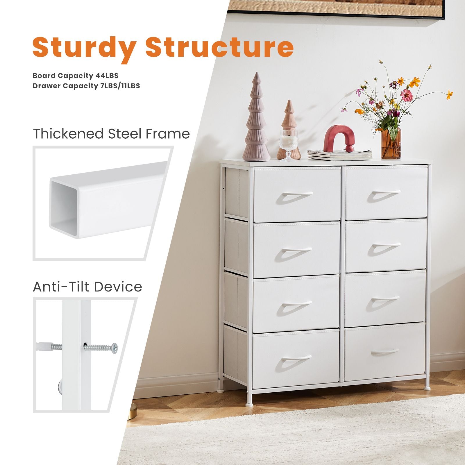 Dresser for Bedroom with 8 Drawers Tall Dresser & Chest of Drawers Fabric Dresser with Wood Top and Sturdy Steel Frame - Renee Lane Company
