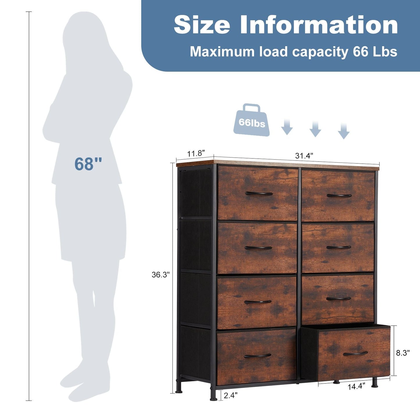 Dresser for Bedroom with 8 Drawers Tall Dresser & Chest of Drawers Fabric Dresser with Wood Top and Sturdy Steel Frame - Renee Lane Company