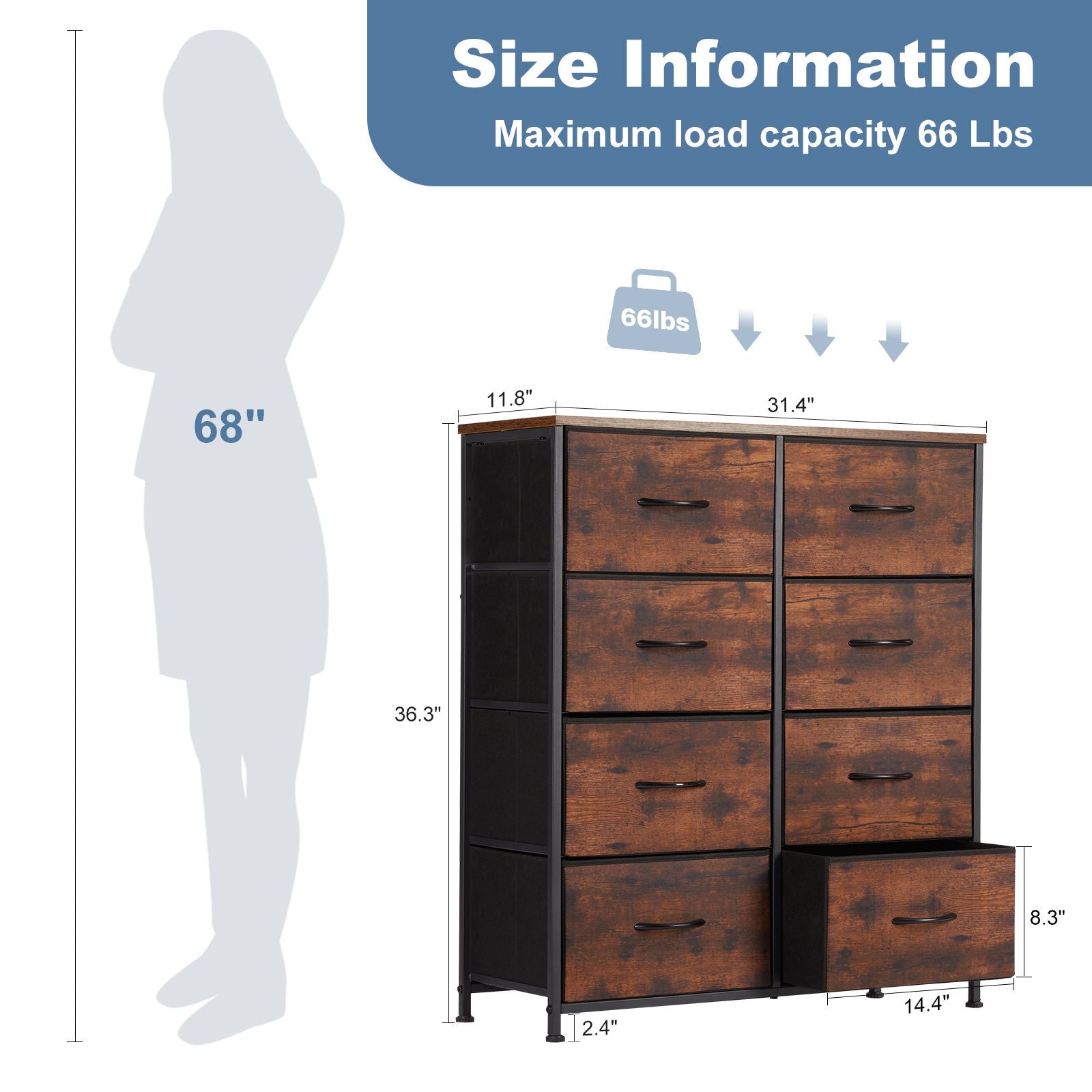 Dresser for Bedroom with 8 Drawers Tall Dresser & Chest of Drawers Fabric Dresser with Wood Top and Sturdy Steel Frame - Renee Lane Company