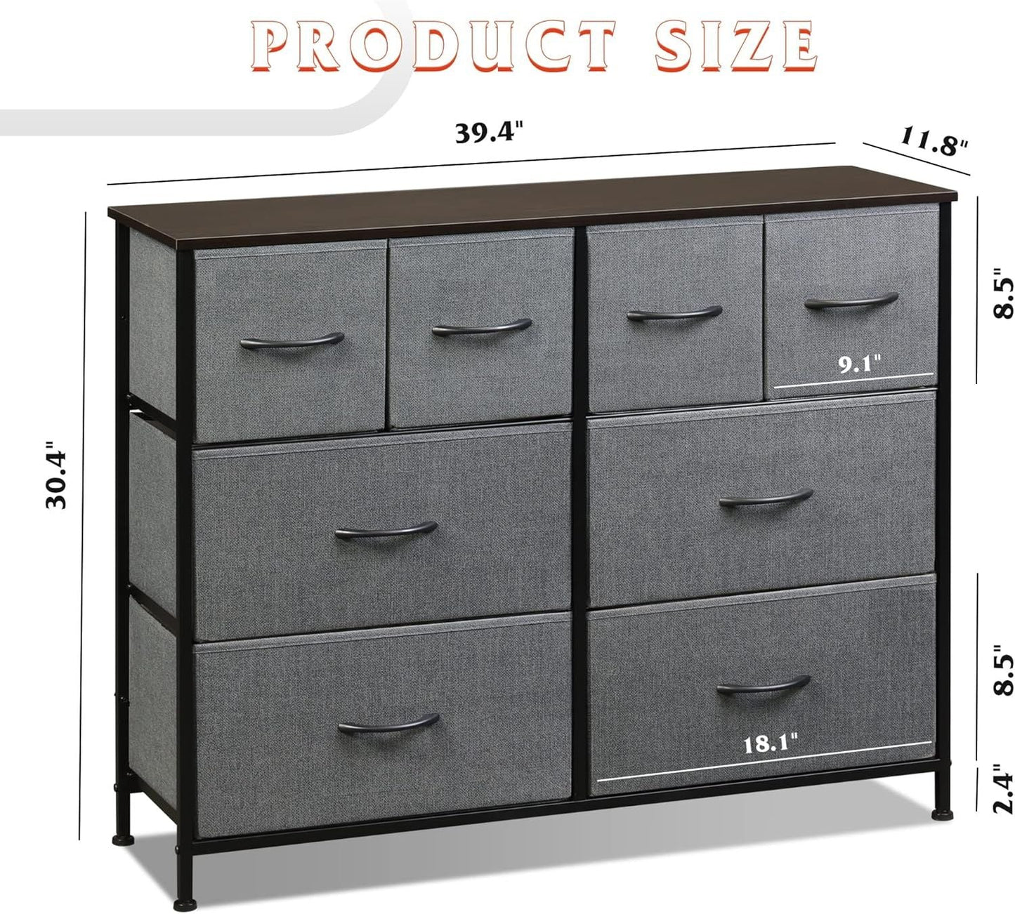 Dresser for Bedroom with 8 Drawers, Wide Fabric Dresser for Storage and Organization, Chest of Drawers, Dressers for Living Room, Closet, Hallway, Dark Grey - Renee Lane Company