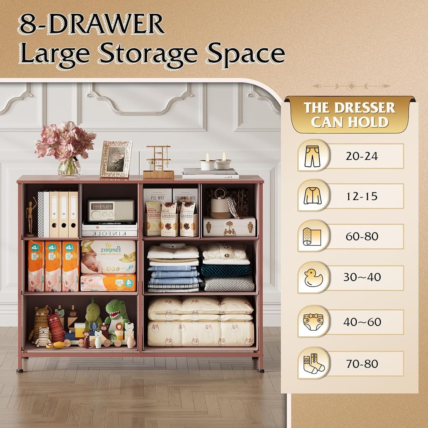 Dresser for Bedroom with 8 Drawers, Wide Fabric Dresser for Storage and Organization, Chest of Drawers, Dressers for Living Room, Closet, Hallway, Dark Grey - Renee Lane Company