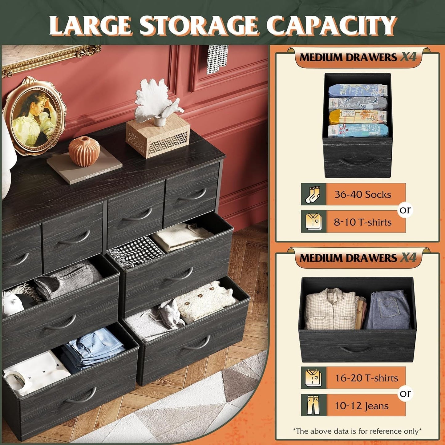 Dresser for Bedroom with 8 Drawers, Wide Fabric Dresser for Storage and Organization, Chest of Drawers, Dressers for Living Room, Closet, Hallway, Dark Grey - Renee Lane Company