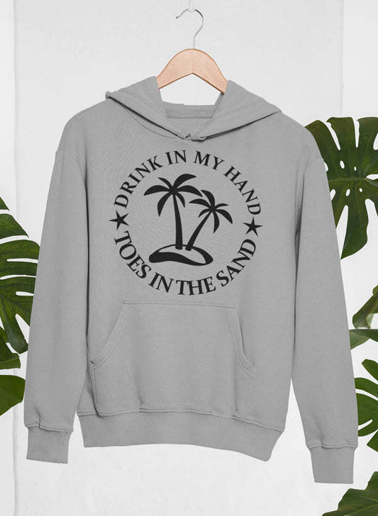 Gray hoodie with palm tree and "Drink in my hand" beach graphic on front