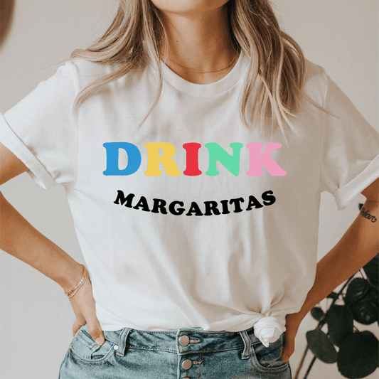 Drink Margaritas T-shirt, white crewneck with blue "DRINK" and black "MARGARITAS" print