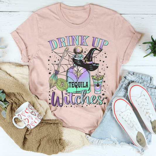 Tequila witch graphic T-shirt in heather peach, Drink Up Witches print