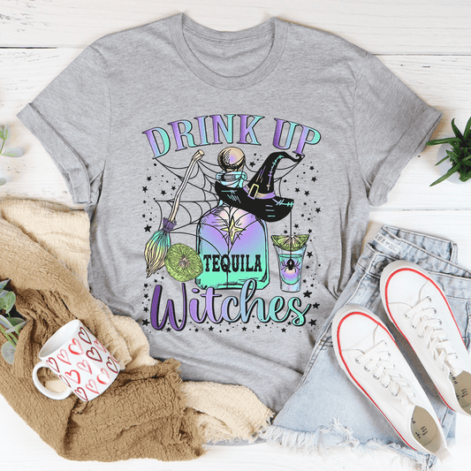 Tequila witch graphic T-shirt in heather gray, Drink Up Witches print