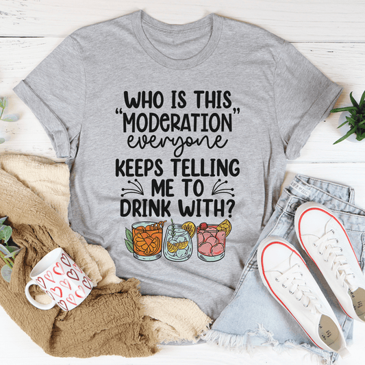 Grey slogan crew-neck t-shirt with “drink with?” text and drink can graphics