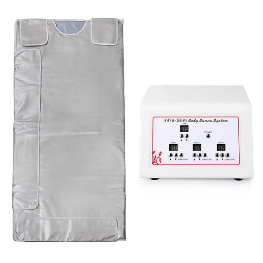 Gray infrared sauna blanket with stitched pockets and included control unit